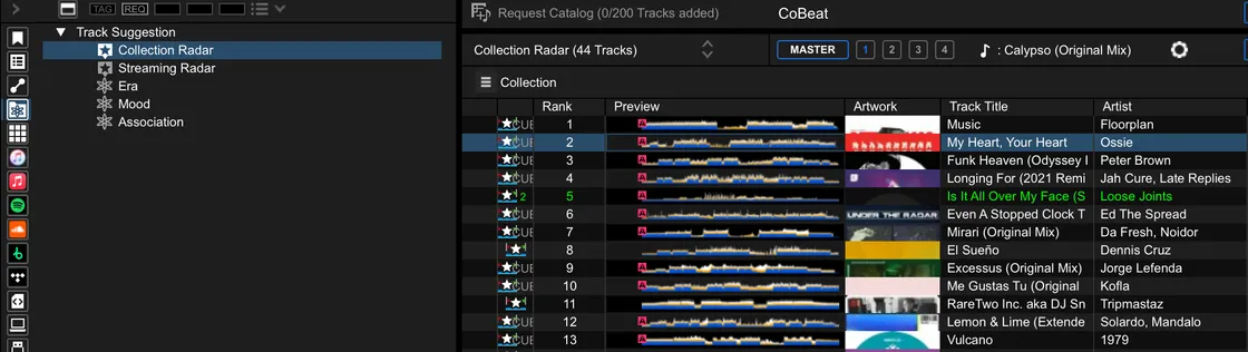 Collection Radar in Rekordbox's Track Suggestion panel, following the master deck with Calypso (Original Mix) as the seed, and its results numbered in a Rank column