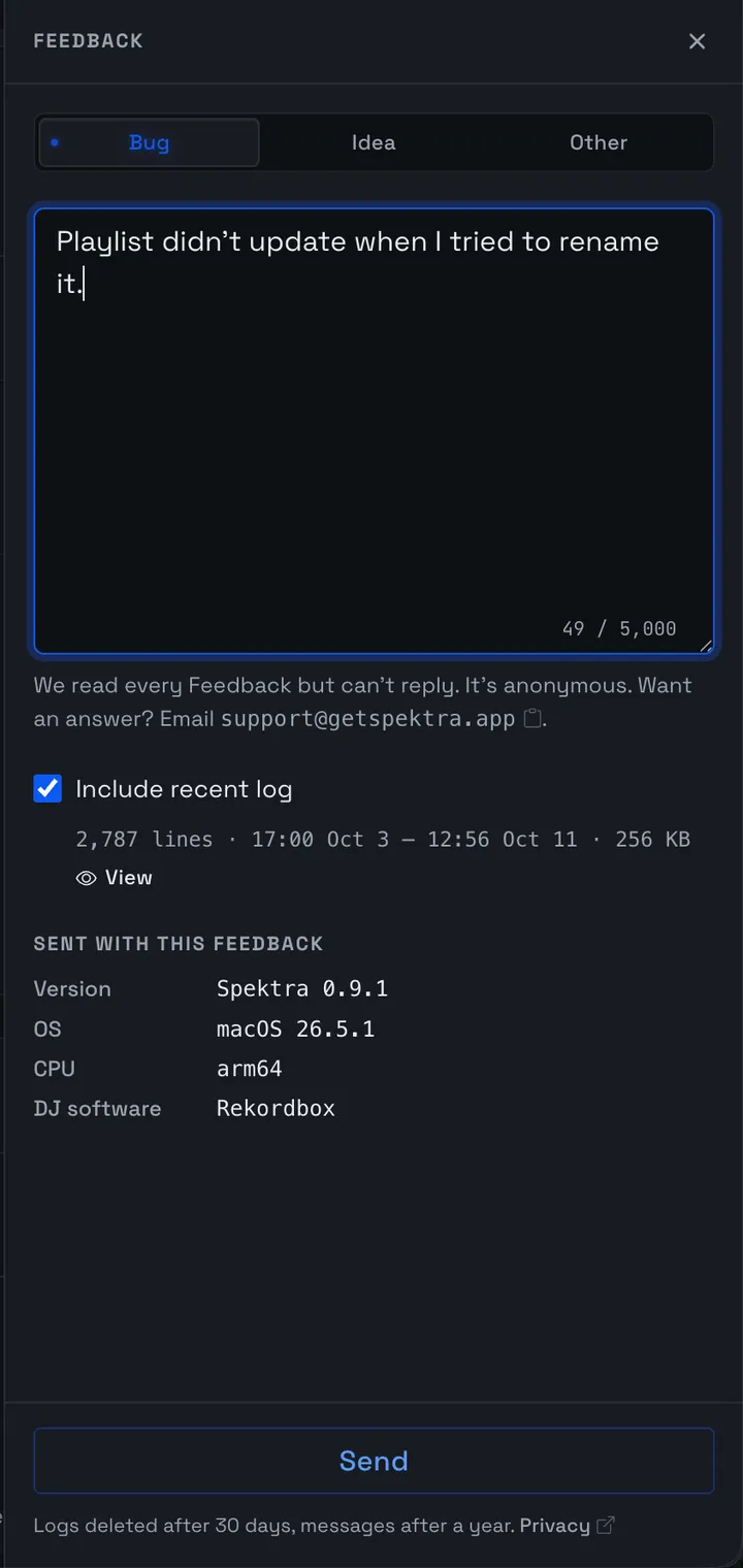 The Feedback panel with a bug report typed in, the recent log included, and the details sent with it