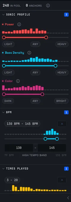The filter rail: Power, Bass Density and Color range sliders drawn over histograms of the library