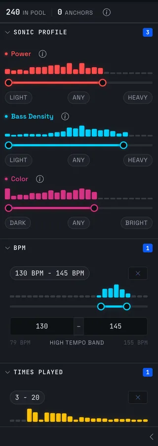 The filter rail expanded — Power, Bass Density and Color dual-handle range sliders over library histograms, with BPM and Times Played sections below