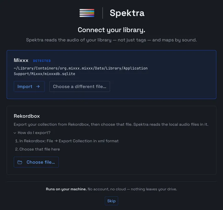 The library picker, offering a detected Mixxx library and a Rekordbox card that asks for an exported collection file