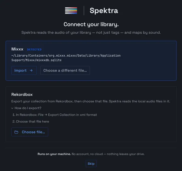The library picker, offering a detected Mixxx library and a Rekordbox card that asks for an exported collection file