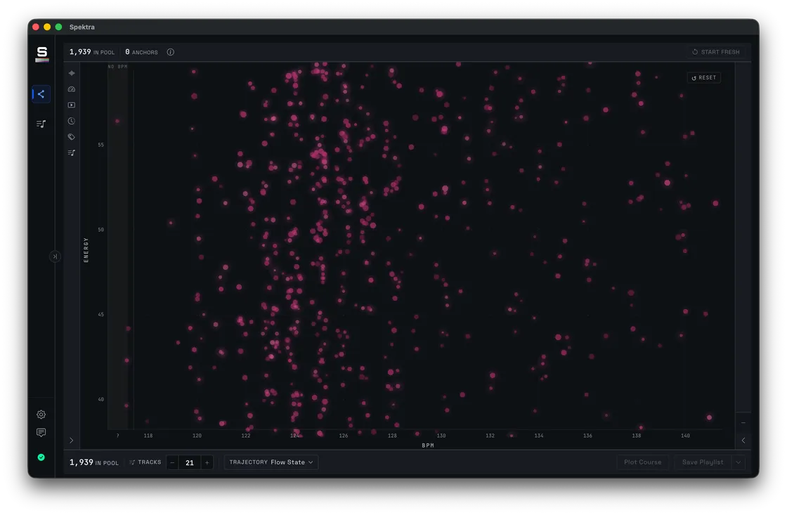 The Observatory at rest, zoomed in on 118 to 140 BPM — stars of different sizes and brightness plotted by BPM across and Energy up, with a few in the NO BPM gutter at the far left