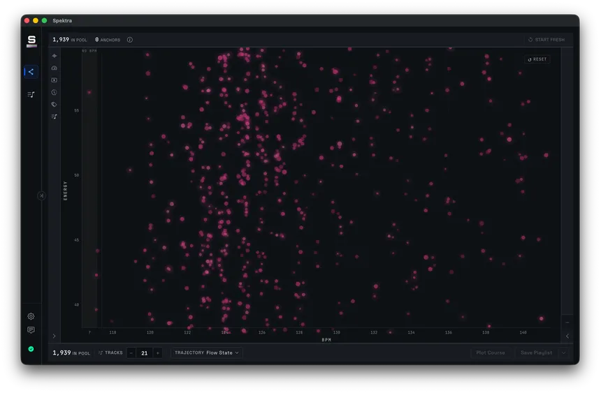 The Spektra Observatory: a dense field of stars on a dark canvas, one star per analysed track, plotted with BPM on the horizontal axis and Energy on the vertical axis