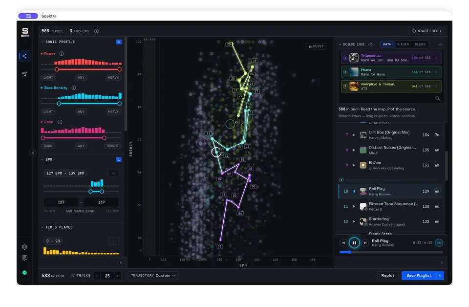 The Spektra Observatory with a course plotted — a 25-track route threading up through a field of stars plotted by BPM across and Energy up, the Sonic Profile filters at left and the Course track list at right