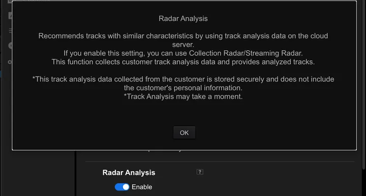 Rekordbox's Radar Analysis help dialog, open over Preferences › Analysis › Track Analysis, with the Radar Analysis Enable switch turned on below it