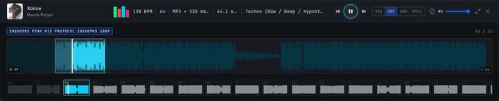 The Recon Deck's compact waveform at desktop width, with played and unplayed audio in distinct colours and the timecode sitting on the waveform itself