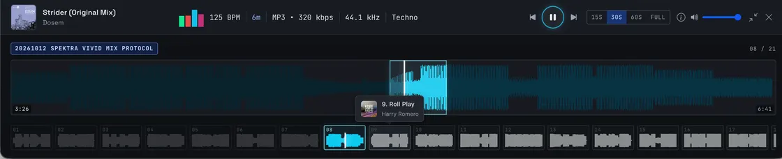 The Recon Deck expanded — track 8 of 21 playing, a lens over its 30-second clip on the full waveform, and a strip of mini-waveforms for the rest of the Playlist