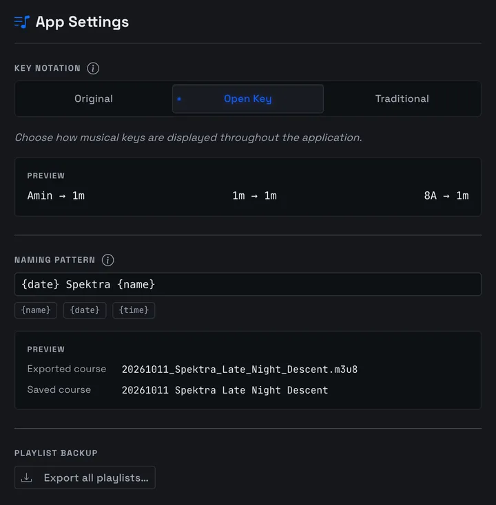 The Playlist Backup section of App Settings with its Export all playlists button