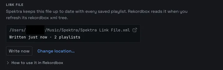 The Link File section in Settings, showing the file's location, when it was last written and how many playlists it holds