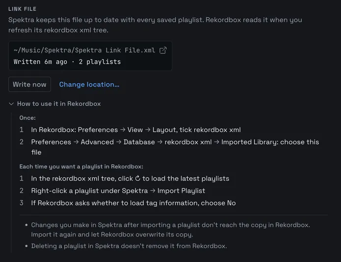 The Link File section in Settings, showing the file's location, when it was last written and how many playlists it holds, with the steps for using it in Rekordbox expanded