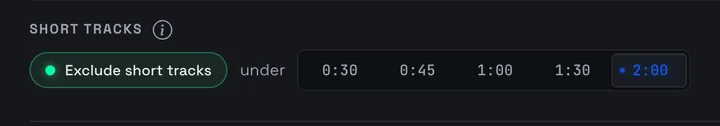 The Short tracks setting in Settings, with Exclude short tracks on and a two-minute minimum selected
