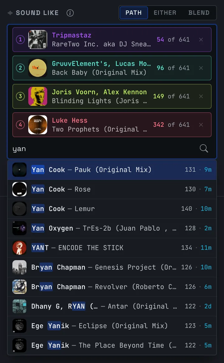 The Sound Like suggestion list, each row showing cover art, the artist and title with the typed query highlighted, and the track's BPM and key